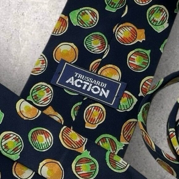 TRUSSARDI Silk Tie ITALY Navy Art W:4.1" EUC - Picture 2 of 5